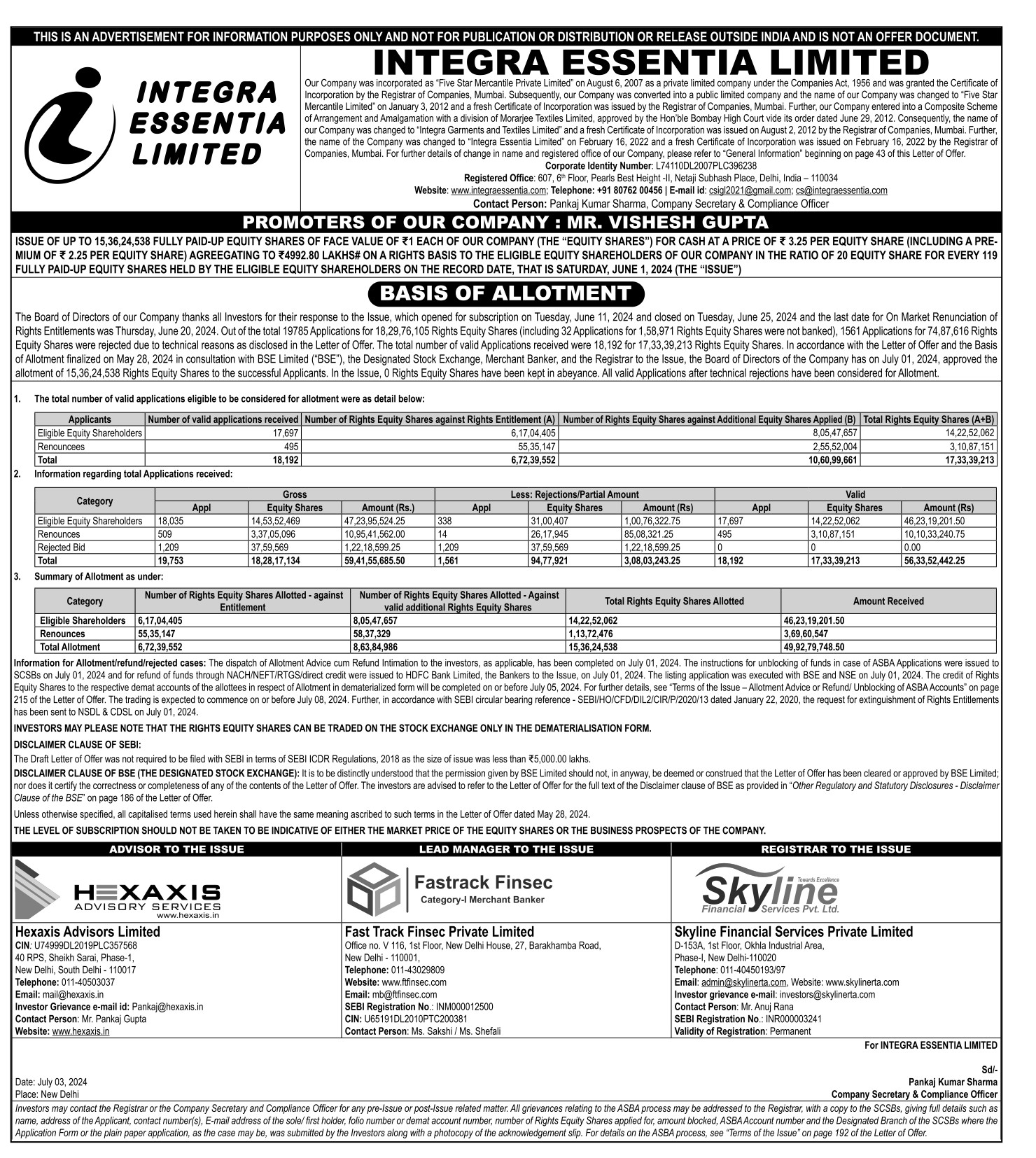 Integra Essentia Rights Issue 2025 Basis of Allotment Status